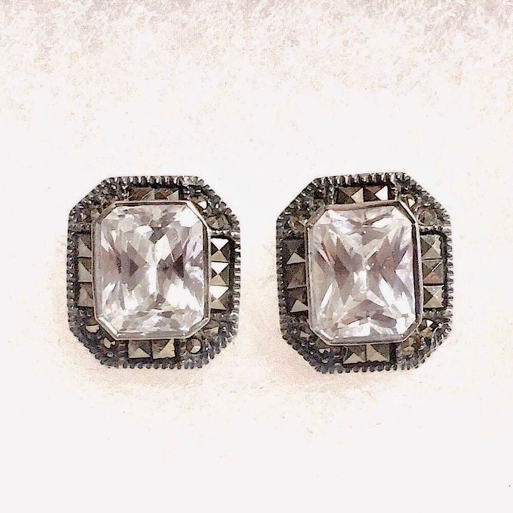 JUDITH JACK Sterling Silver Marcasite Faceted CZ Vintage Earrings - Picture 16 of 16
